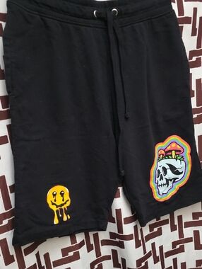 Men's Black Graphic Athletic Drawstring Shorts with Neon Skull and Drip Art